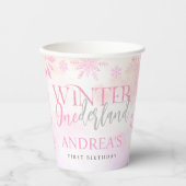 Blush Roze Winter Onederland Eerste Verjaardag Papieren Bekers (Voorkant)