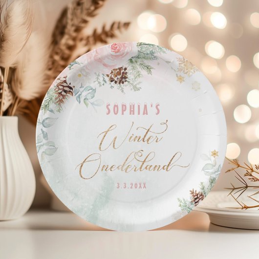 Blush roze winter onederland meisje verjaardag papieren bordje