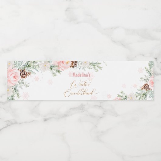 Blush roze winter onederland meisje verjaardag waterfles etiket (Enkel label)