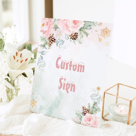 Blush roze Winter onederland verjaardag op maat Reclamebord Met Voetstuk