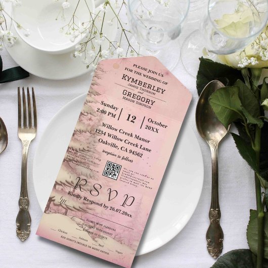 Blush Roze Winter Scène Sneeuwrijke Pine Tree Kers All In One Uitnodiging