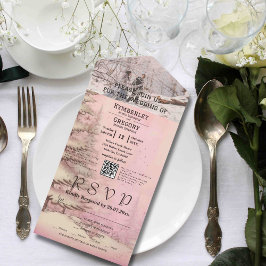 Blush Roze Winter Sneeuwrijke Pine Tree Foto QR-co All In One Uitnodiging