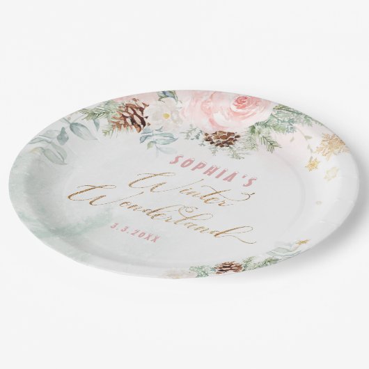 Blush roze winter wonderland meisje verjaardag papieren bordje (Gekanteld)
