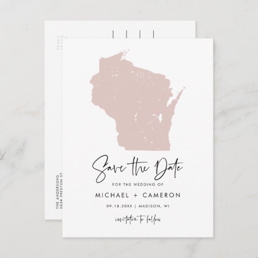 Blush Roze Wisconsin Map Modern Save the Date Aankondigingskaart (Voorkant / Achterkant)
