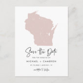 Blush Roze Wisconsin Map Modern Save the Date Aankondigingskaart (Voorkant)