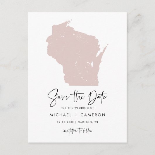 Blush Roze Wisconsin Map Modern Save the Date Aankondigingskaart (Voorkant)