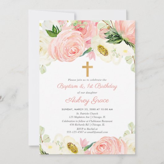 Blush roze wit bloemendoop 1e verjaardag kaart (Voorkant)