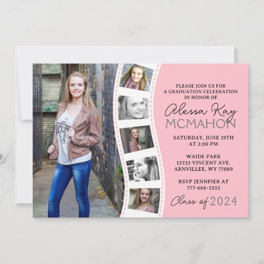 Blush Roze & Wit Filmstrip 6 Foto Afstuderen Kaart (Voorkant)
