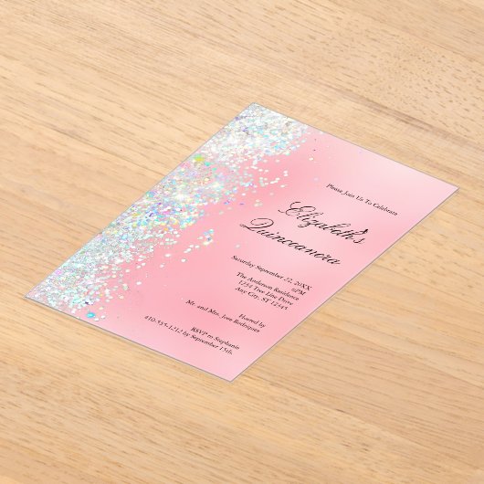 Blush Roze Wit Glitter Glam Bling Quinceanera Acryl Uitnodigingen (Laagn)