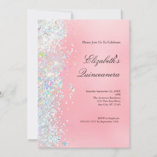 Blush Roze Wit Glitter Glam Bling Quinceanera Kaart (Voorkant)
