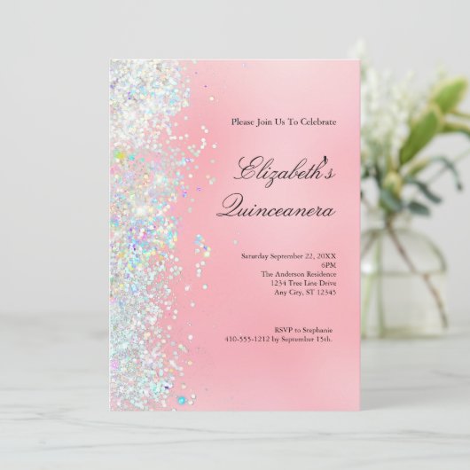 Blush Roze Wit Glitter Glam Bling Quinceanera Kaart (Staand voorkant)