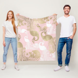 Blush roze wit goud koninklijke pauw vogel fleece deken
