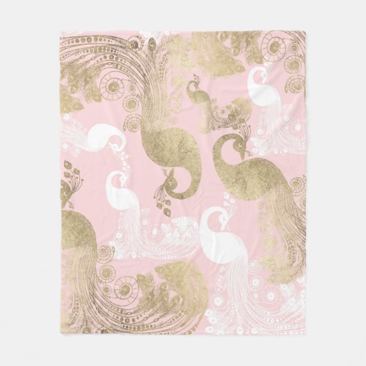 Blush roze wit goud koninklijke pauw vogel fleece deken (Voorkant)
