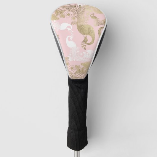 Blush roze wit goud koninklijke pauw vogel golfheadcover (Voorkant)