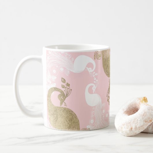 Blush roze wit goud koninklijke pauw vogel koffiemok (Met donut)