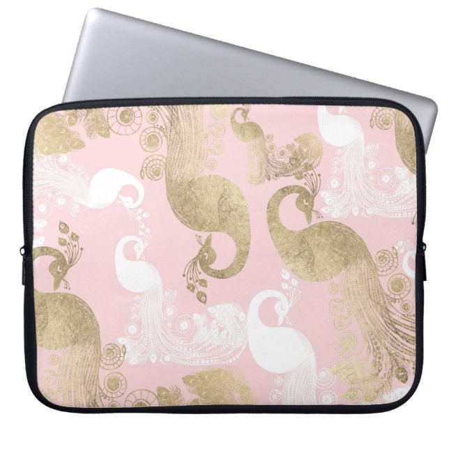 Blush roze wit goud koninklijke pauw vogel laptop sleeve (Voorkant)