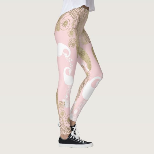 Blush roze wit goud koninklijke pauw vogel leggings (Rechts)