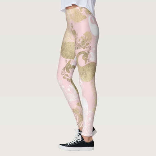 Blush roze wit goud koninklijke pauw vogel leggings (Links)