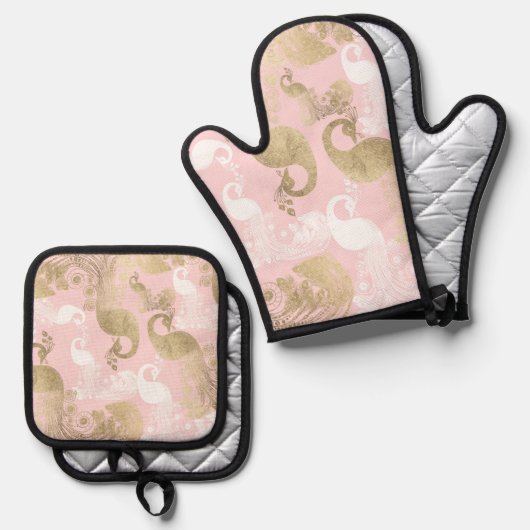 Blush roze wit goud koninklijke pauw vogel ovenwant & pannenlap set (Voorkant / Achterkant)