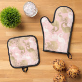 Blush roze wit goud koninklijke pauw vogel ovenwant & pannenlap set (Top down)