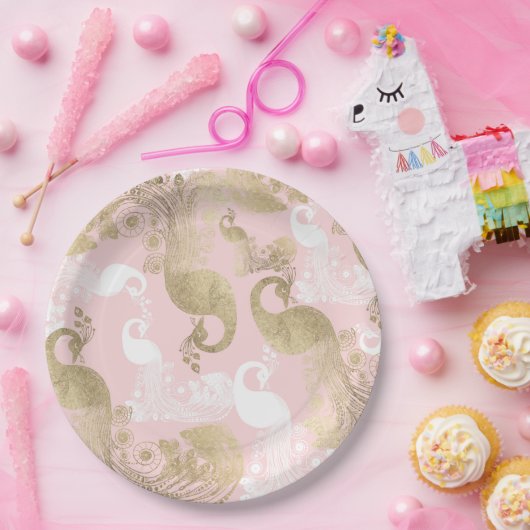 Blush roze wit goud koninklijke pauw vogel papieren bordje (Feest)