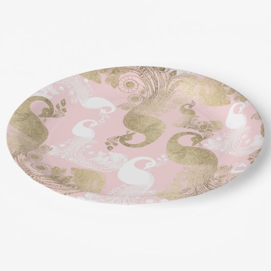 Blush roze wit goud koninklijke pauw vogel papieren bordje (Gekanteld)