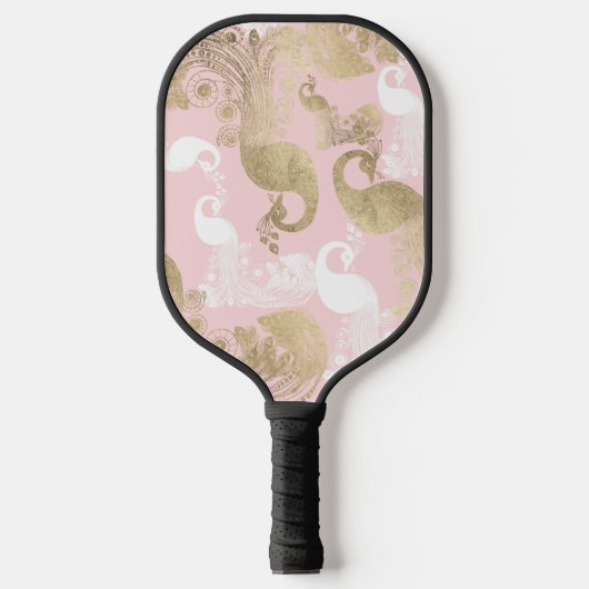 Blush roze wit goud koninklijke pauw vogel pickleball paddle (Voorkant)