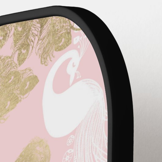 Blush roze wit goud koninklijke pauw vogel pickleball paddle (Links Detail)