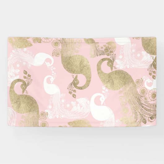 Blush roze wit goud koninklijke pauw vogel spandoek (Horizontaal)