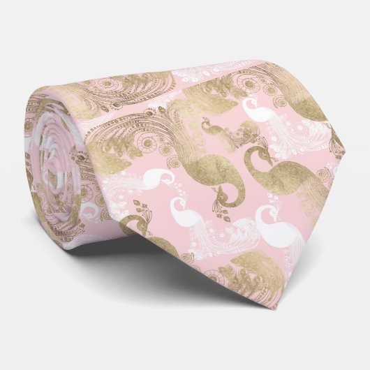 Blush roze wit goud koninklijke pauw vogel stropdas (Opgerold)