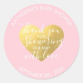 Blush Roze Wit Gouden Folie Hart Baby shower Ronde Sticker