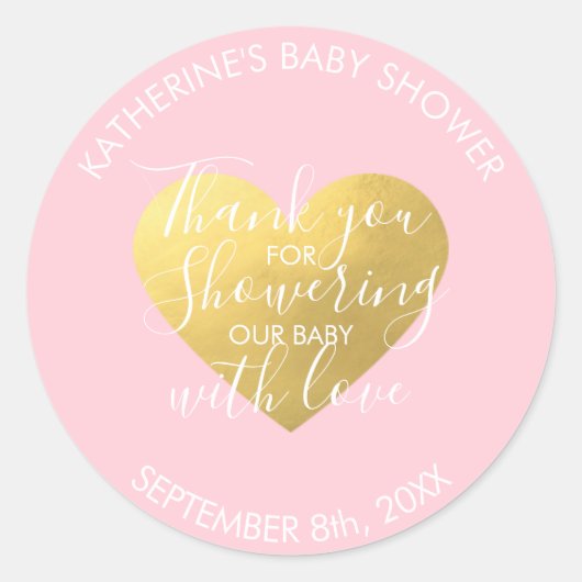 Blush Roze Wit Gouden Folie Hart Baby shower Ronde Sticker (Voorkant)