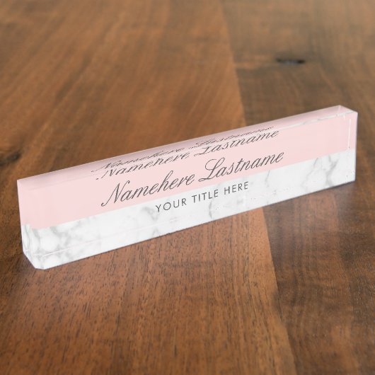 Blush Roze Wit Grijs Marmer Elegant Script Naambordje (Zijkant)