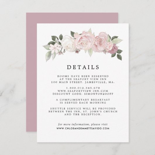 Blush Roze Wit Rose Bloemen Bruiloft Gast Details Informatiekaartje (Voorkant / Achterkant)