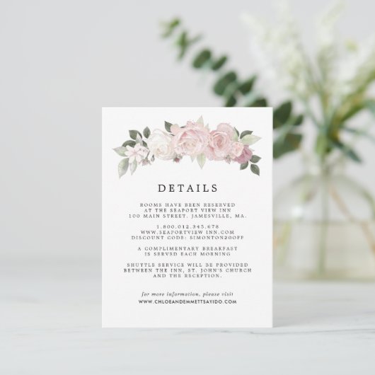 Blush Roze Wit Rose Bloemen Bruiloft Gast Details Informatiekaartje (Staand voorkant)