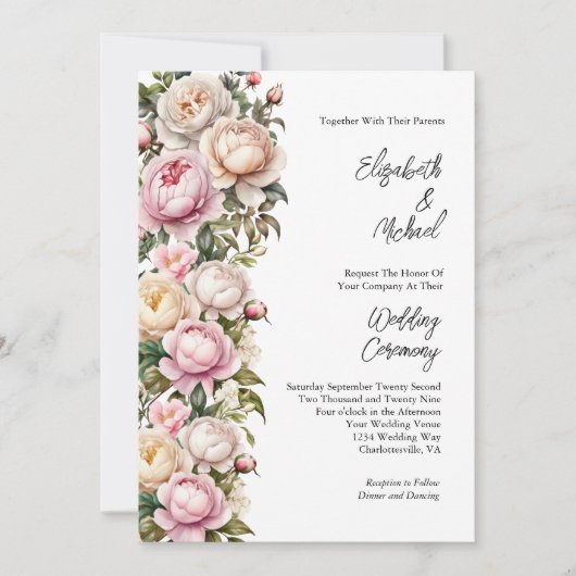 Blush Roze Wit Rozen Pioenrozen Bloemen Bruiloft Kaart (Voorkant)