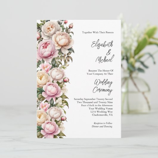 Blush Roze Wit Rozen Pioenrozen Bloemen Bruiloft Kaart (Staand voorkant)