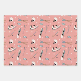 Blush Roze & Wit Wintersport Inpakpapier Vel