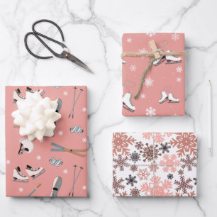 Blush Roze & Wit Wintersport Inpakpapier Vel