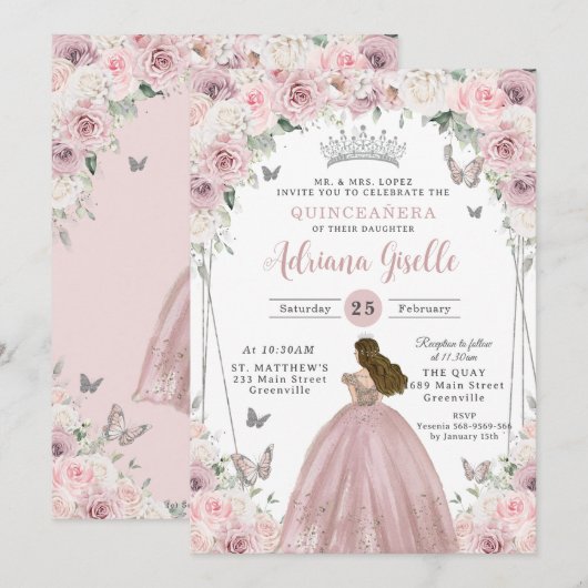 Blush Roze Witte Bloemen Prinses Quinceañera XV 16 Kaart (Voorkant / Achterkant)