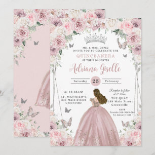 Blush Roze Witte Bloemen Prinses Quinceañera XV 16 Kaart