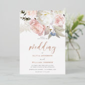 Blush Roze & Witte Bloemen Roos Gouden Bruiloft Folie Uitnodiging (Staand Voorkant)