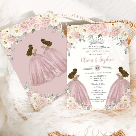 Blush Roze Witte Bloemen Tweeling Meisjes Quinceañ Kaart