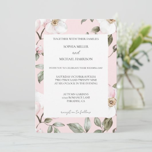  Blush Roze Witte Bloemen Wedding Kaart (Staand voorkant)