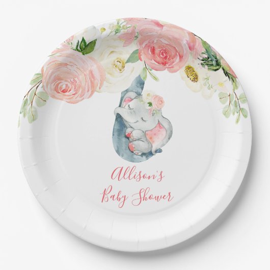Blush roze witte bloemenolifant baby shower papieren bordje (Voorkant)