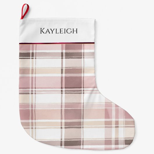 Blush roze witte bordeauxrode plaid strepen Kerstm Grote Kerstsok (Voorkant)
