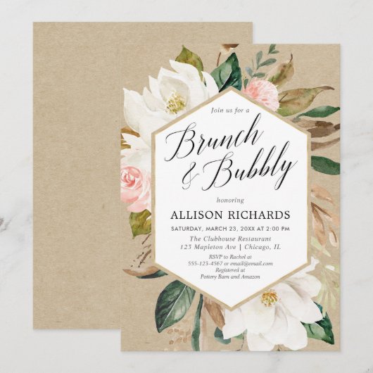 Blush roze witte florale brunch bubbly kaart (Voorkant / Achterkant)