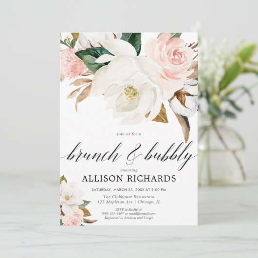 Blush roze witte florale herfst brunch bubbly kaart (Staand voorkant)