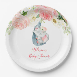 Blush roze witte florale olifant baby shower papieren bordje