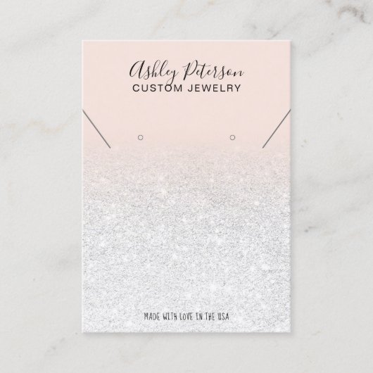 Blush roze witte glitter oorbellen ketting visitekaartje (Voorkant)